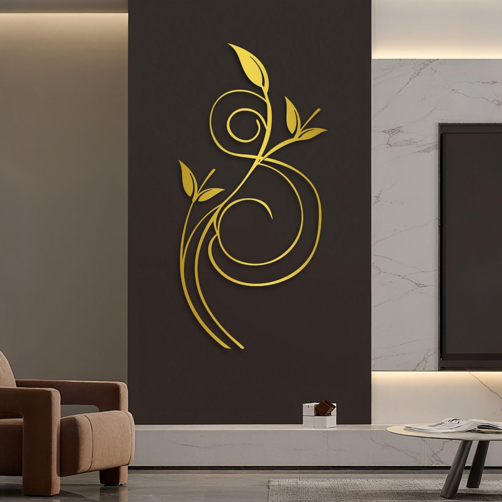 Art végétal mural abstrait en métal doré grand format pour salon et maison