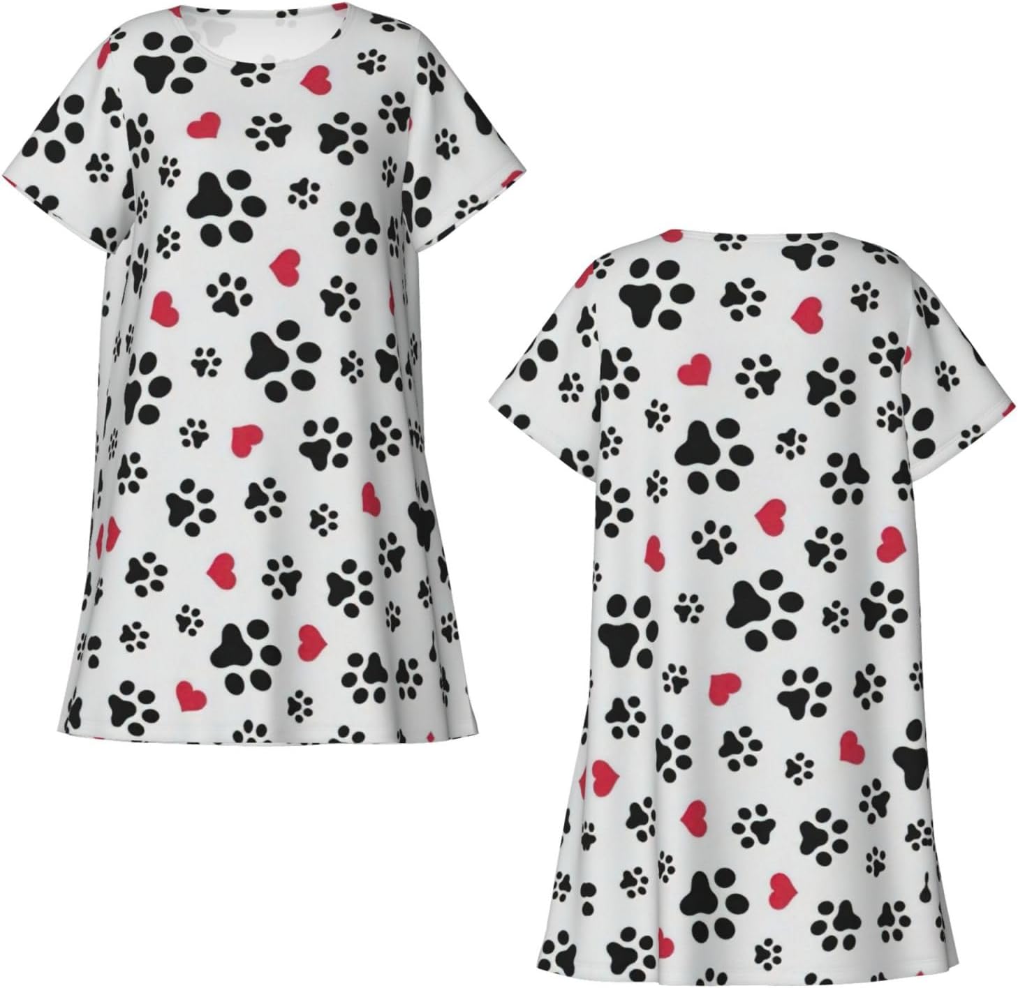 Love Cat Paw Heart Puppy Foot Print Print Soft Women'S Sleepwear,Comfy Short Sleeve Nightgown,Relaxing Sleeping