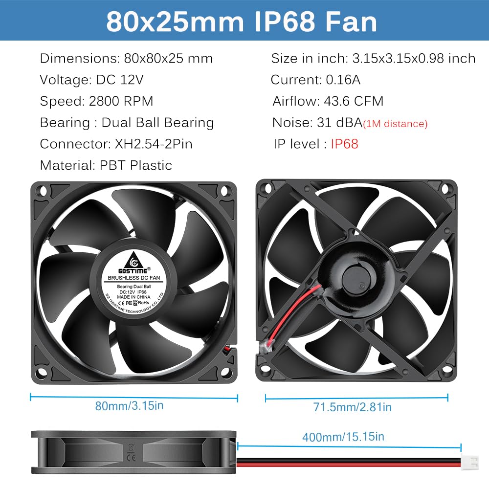GDSTIME Lot de 2 ventilateurs 80 mm 12 V IP68 80 x 25 mm CC sans balais 2 broches double roulement à billes 80 mm Ventilateur de boîtier PC