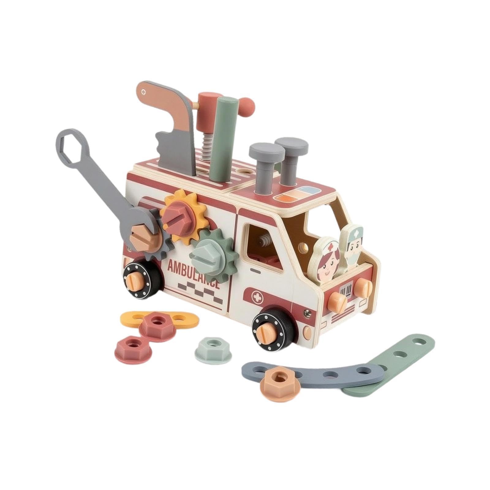 Perfeclan Juego Herramientas para niños, Juguete construcción, Juguete Viaje, Juego rol, Educativo Madera para Aprender, Banco Herramientas, Ambulancia