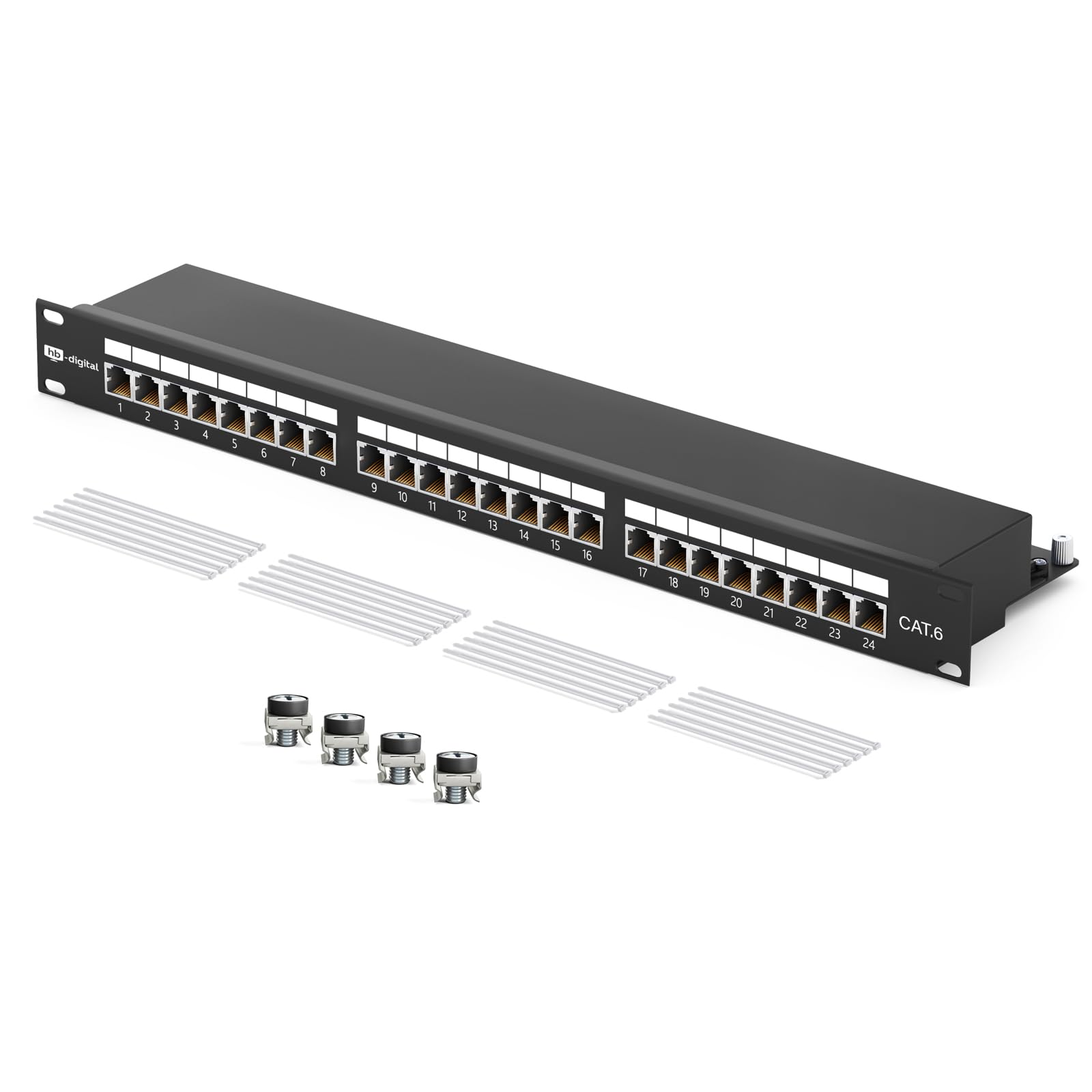 HB-DIGITAL Panneau de brassage CAT 6 - 19" - 24 ports - 10 Gbps - Entièrement blindé - Connecteurs RJ45 - Bornes de coupe AWG 22-26 TIA568A + support TIA568B PoE++ - Noir