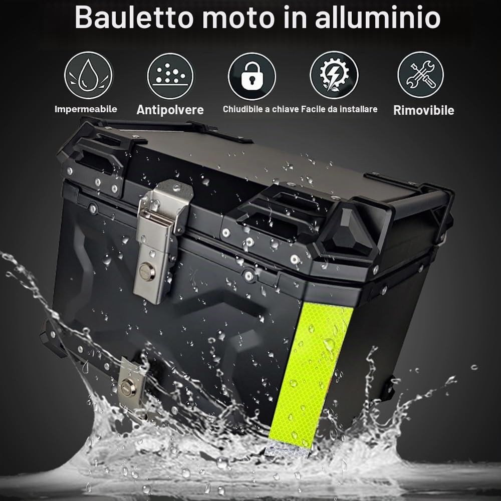 Bauletto top case in alluminio per moto, 45 LT, 55 LT, 65 LT, 80 LT, 100 LT, bauletto impermeabile per casco, per scooter, moto, ciclomotore e quad