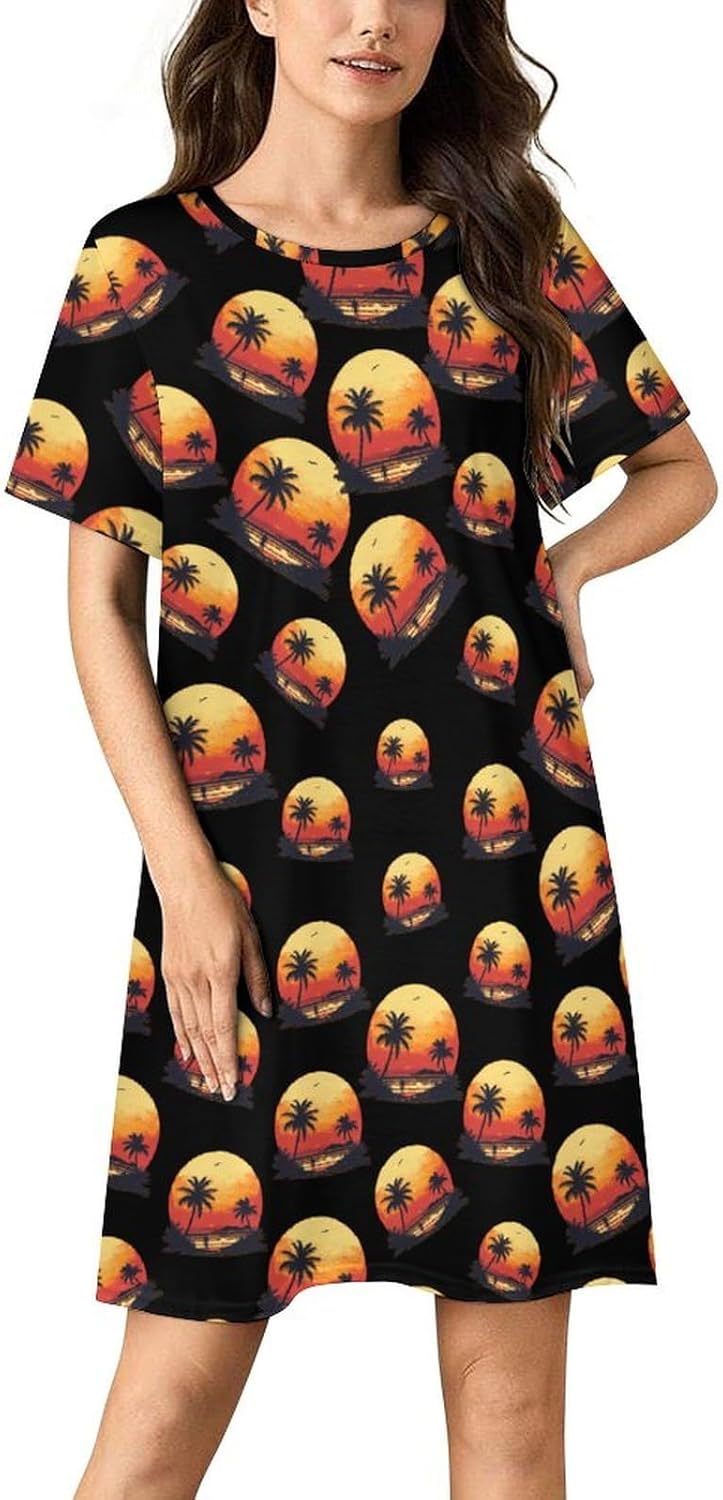 Sunset Beach Vintage Surfing Nightgowns for Women Short Sleeve Sleep Dress Casual Sleepshirt Night Gowns Pajamas
