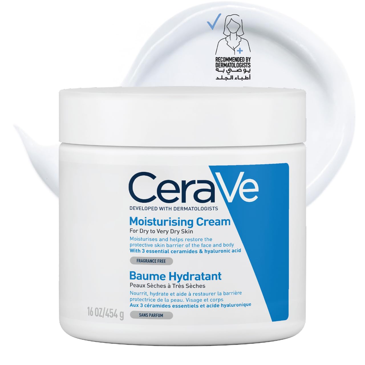 CeraVe Moisturising Cream 454g Jar – Rich 24-Hour Face & Body Cream with 3 Ceramides & Hyaluronic Acid, Deeply Nourishing for Dry to Very Dry Skin, Fragrance-Free