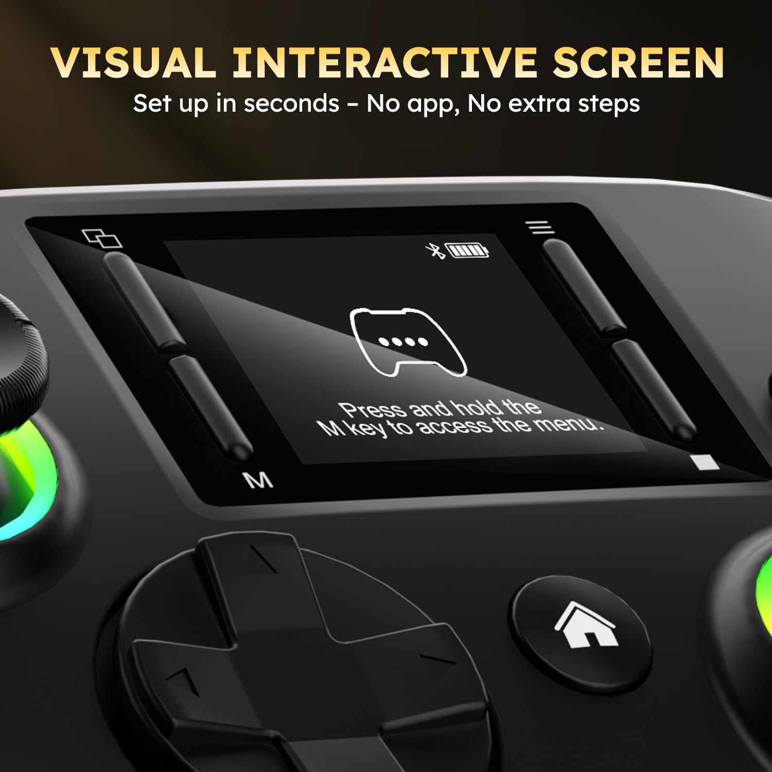 Interactive Screen Wireless Gaming Controller, Compatible with PC/PS4/Switch/Android/iOS, 4 Programmable Buttons, Turbo, 6-axis Gyro, Dual Vibration, RGB Lighting, Share, Screenshot, 1000mAh, Wake-up, Black
