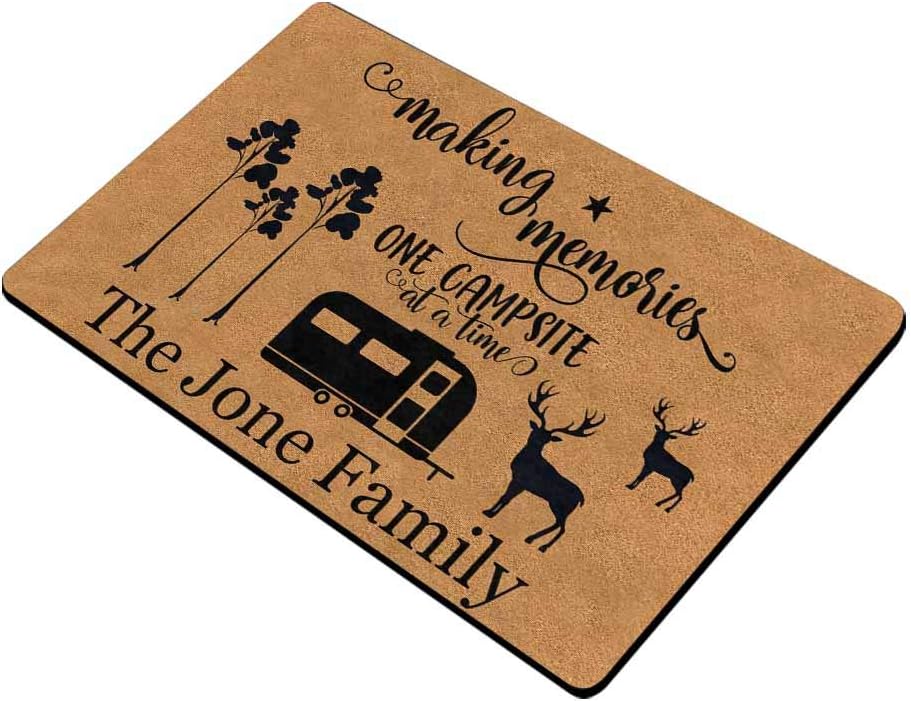 Custom Door Mat, Personalized Rug Making Memories Campsite at a Time Camper Deer Tree Name Doormat Door Mat Floor Rug Indoor Outdoor Front Entrance Bathroom Living Room Non Slip 24x16 Inches