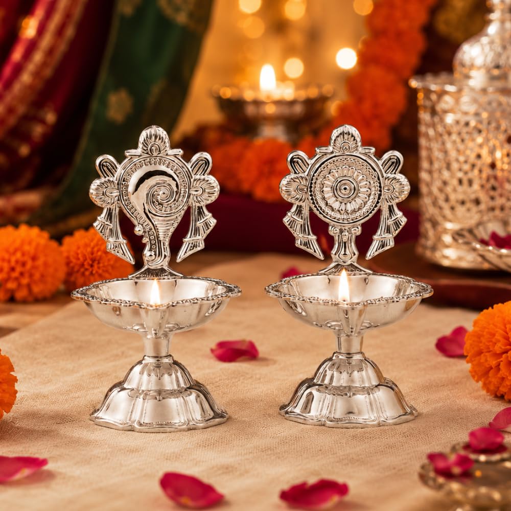 100% Pure Brass Shank & Chakra German Silver Diya Set of 2 for Puja | Traditional Handcrafted Oil Lamp Diya for Home, Temple, Pooja Room Decoration, Festive Rituals Gift Item-image-19
