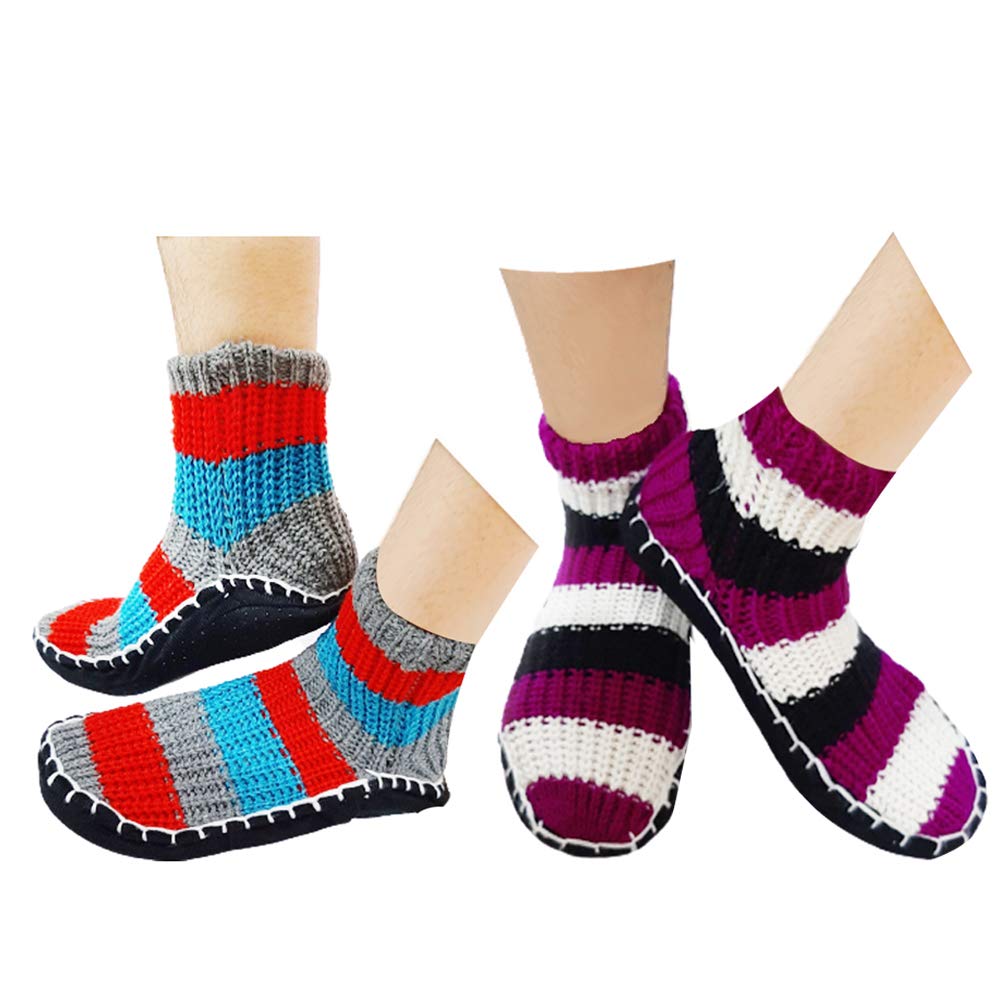 Warm Winter Ankle Length Slipper Socks for Men's & Women's Knitted Booties - Soft Rubber Sole - Indoor Use - 2 Pair (Multicolour, Free Size)-image-8