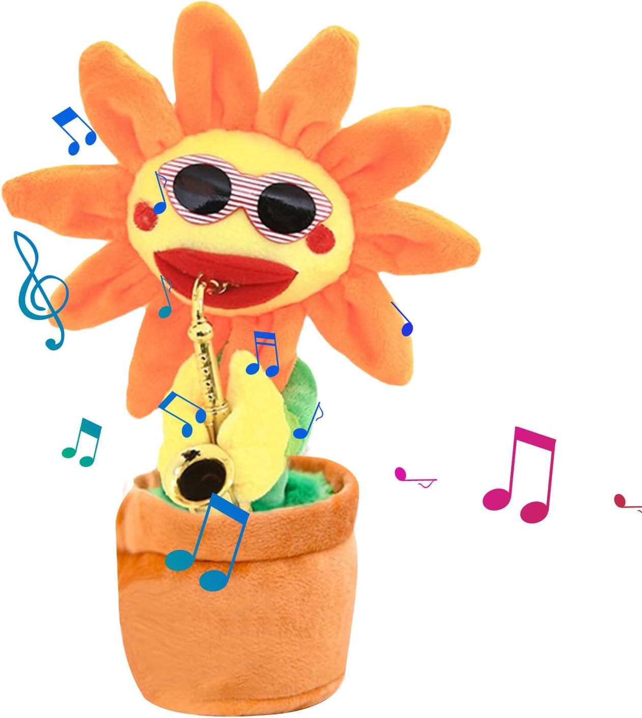 Sunflower Toy - Flower Pot Decoration in Soft Plush, Luminous Sax Repeated Talking Soft Plush Toy, with, 200 Songs, Mu