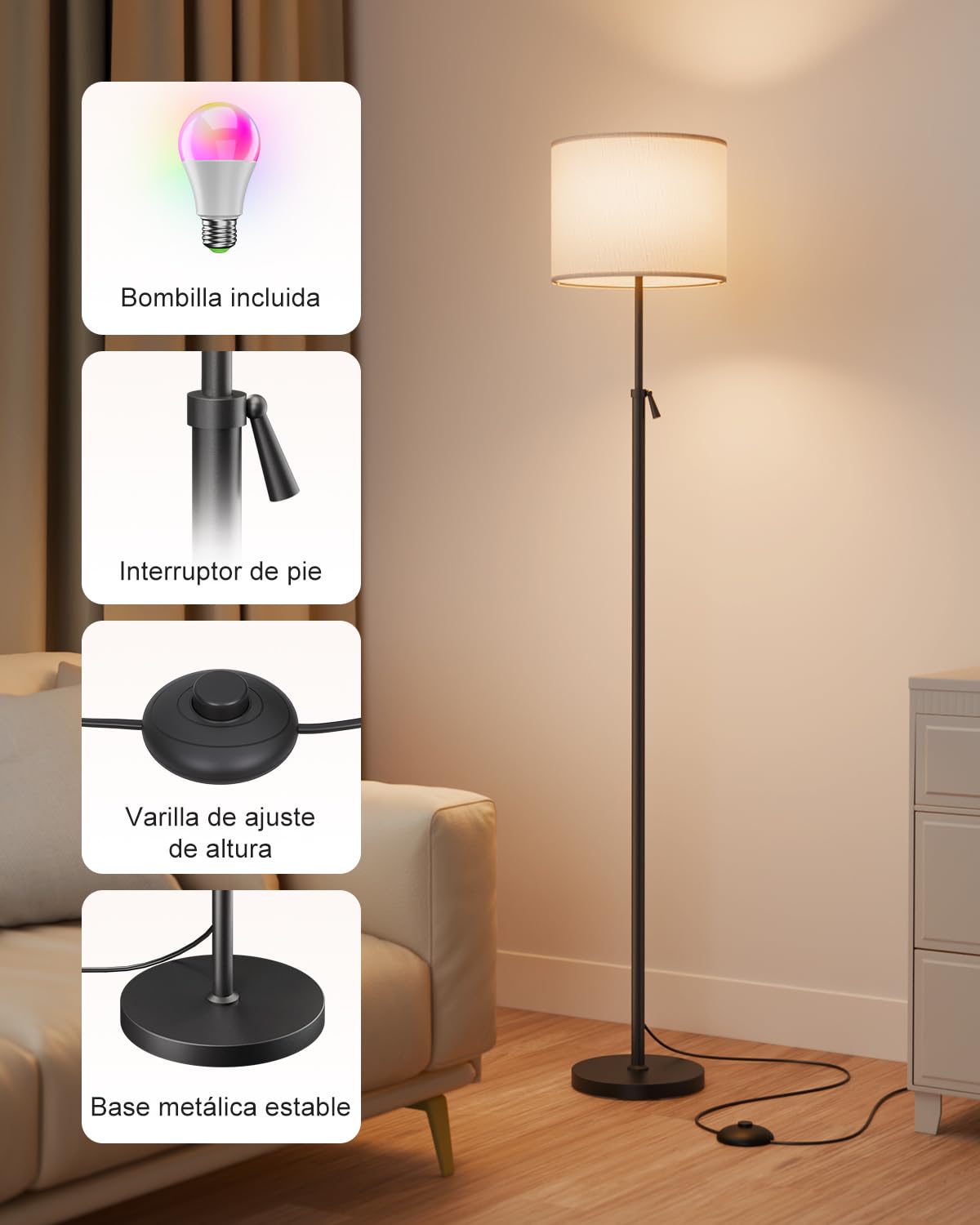 DUSKTEC Lámpara de Pie Inteligente para Salón,Compatible con Alexa y App,Cambio de color RGB, Regulable 1-100%,Blanco 2700-6000K,Sincronización con Música,Altura Ajustable 10W 1200LM, Pantalla de Lino