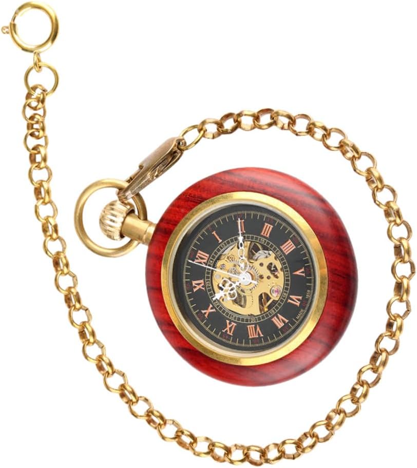 CLISPEED Mechanical Pocket Watch with Chain Retro Roman Numeral Copper Case Vintage Hanging Pocket Watch for Elderly Men Classic Antique Timepiece