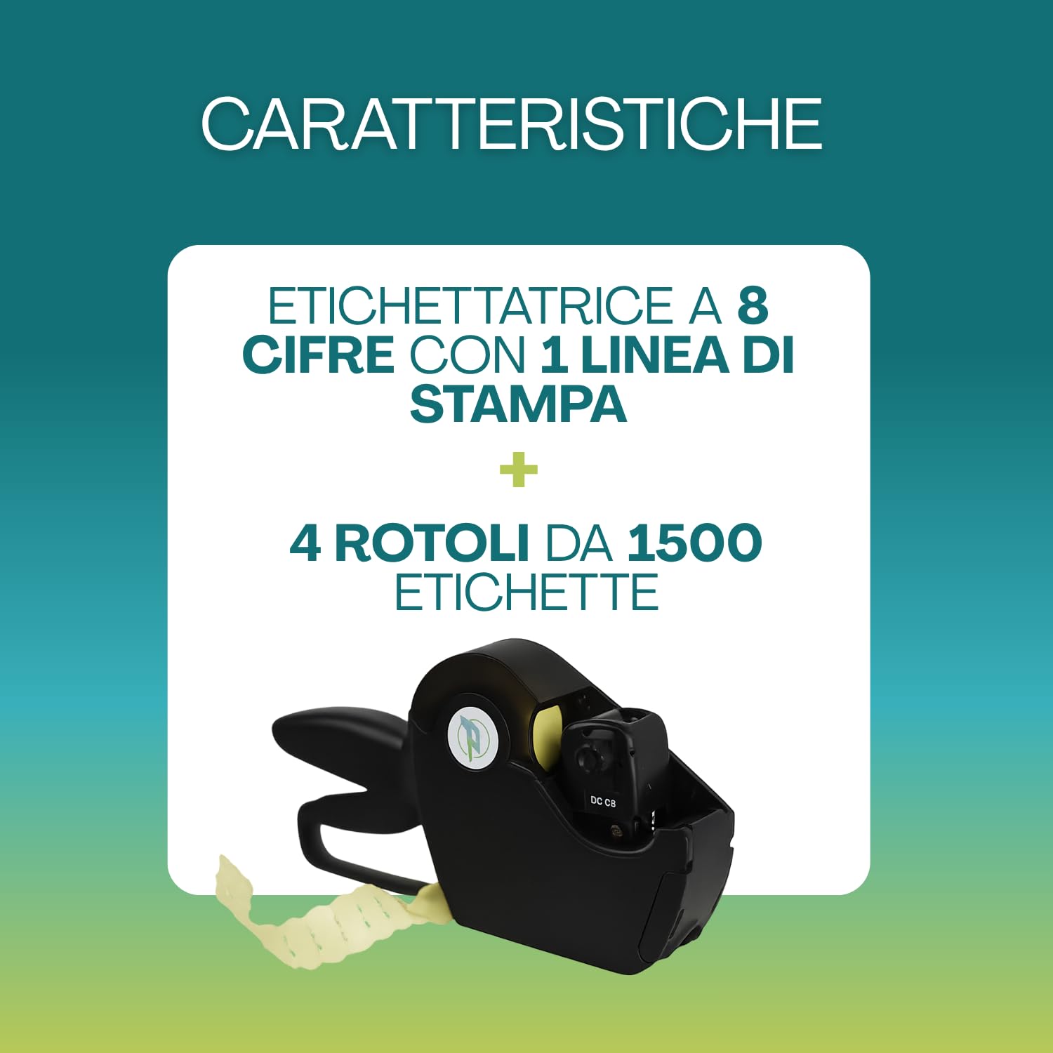 VIRSUS Prezzatrice macchina pistola etichettatrice a 8 caratteri e cifre con 1 linea di stampa + 4 rotoli da 1500 etichette con misura 26x12 etichetta adesiva