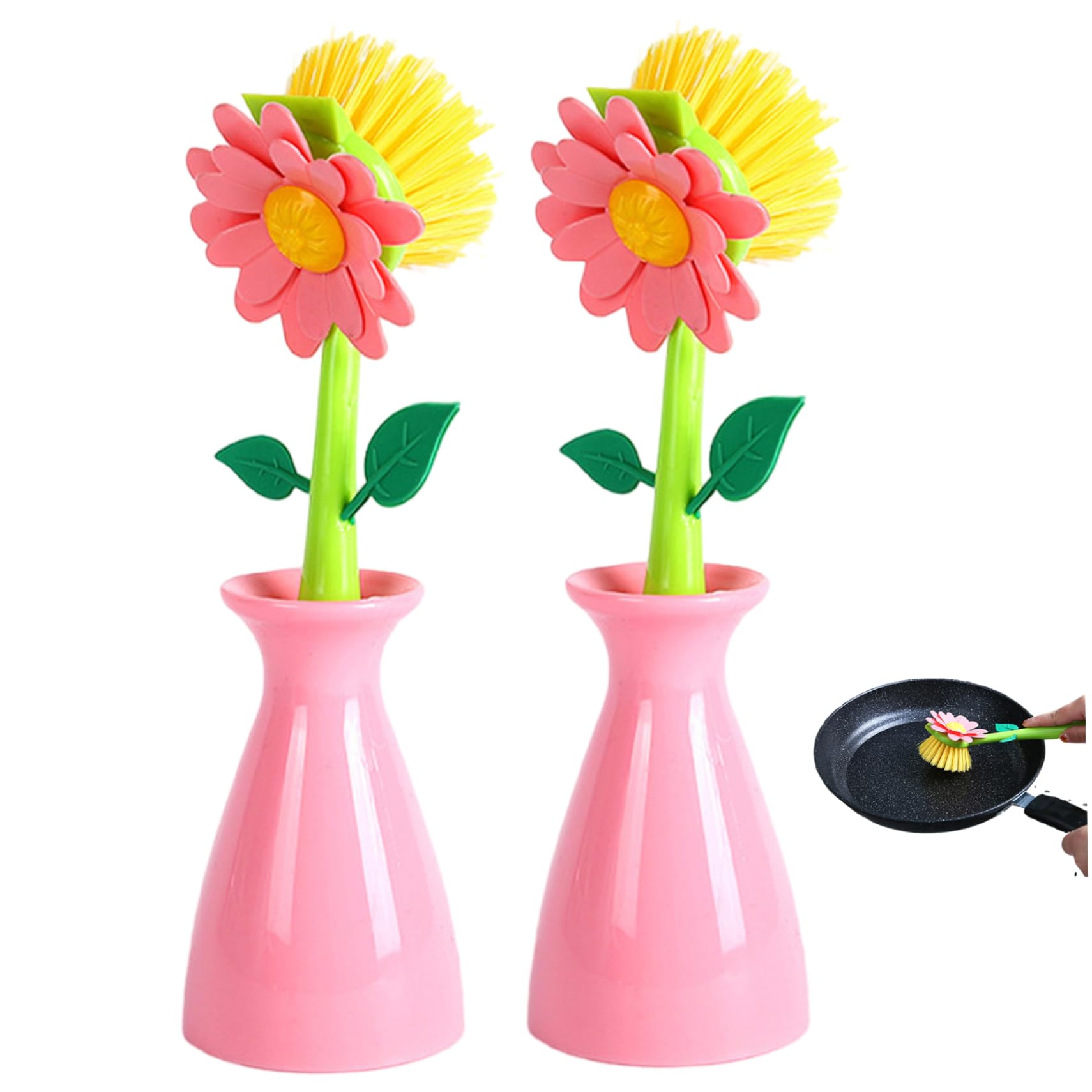 Dish Brush, 2-Pack Flower Shaped Sink Scrubber, Long Handle Non-Scratch for Pots, Pans, Dishes
