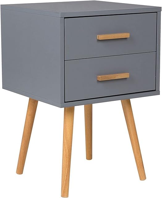 Modern Bedside Table Grey 2 Drawer Storage Solid Wood Legs Side End Alabama