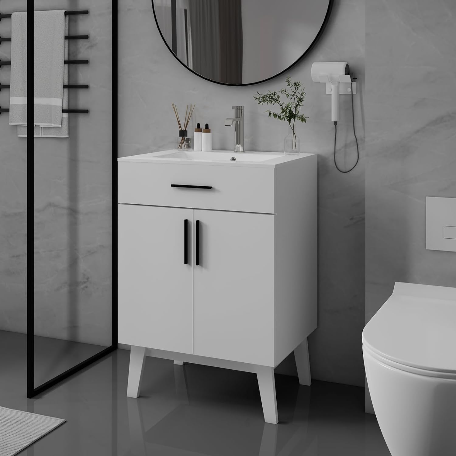 24" Bathroom Vanity with Sink, Vanity Combo with Two Soft Close Cabinet Doors, Modern Single Bathroom Cabinet Set with Metal Handles (White with Sink, 24)