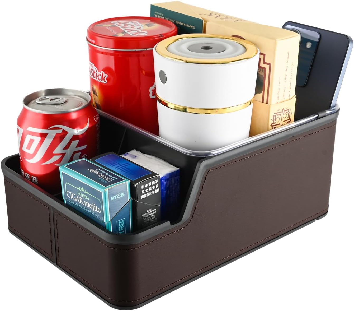 Car Seat Organizer with Phone Holder,Armrest Cup Holder Tray Truck Organizer & Storage Front Seat Car Caddy fit for Floor Hump Organizer(Brown)