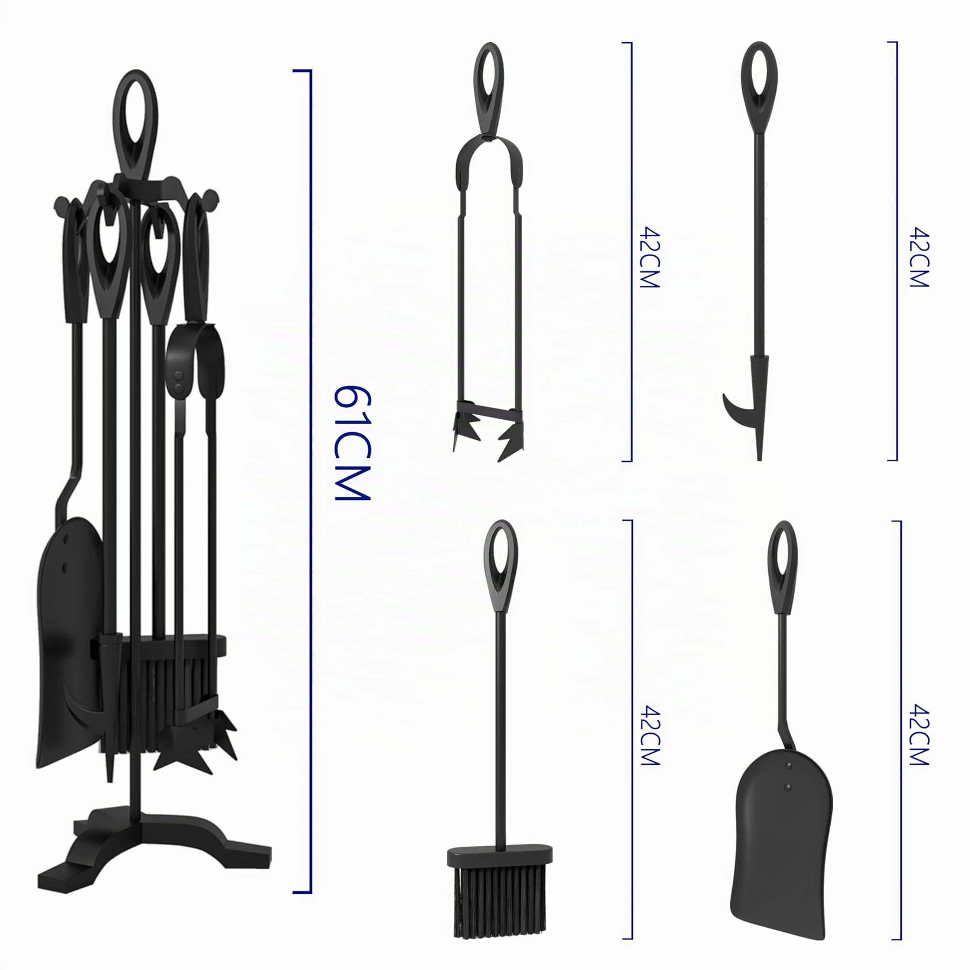 Kingson Kaminbesteck aus Gusseisen, 5-teilig, 19,5 x 17 x 61 cm, langlebiges Kaminwerkzeug-Set