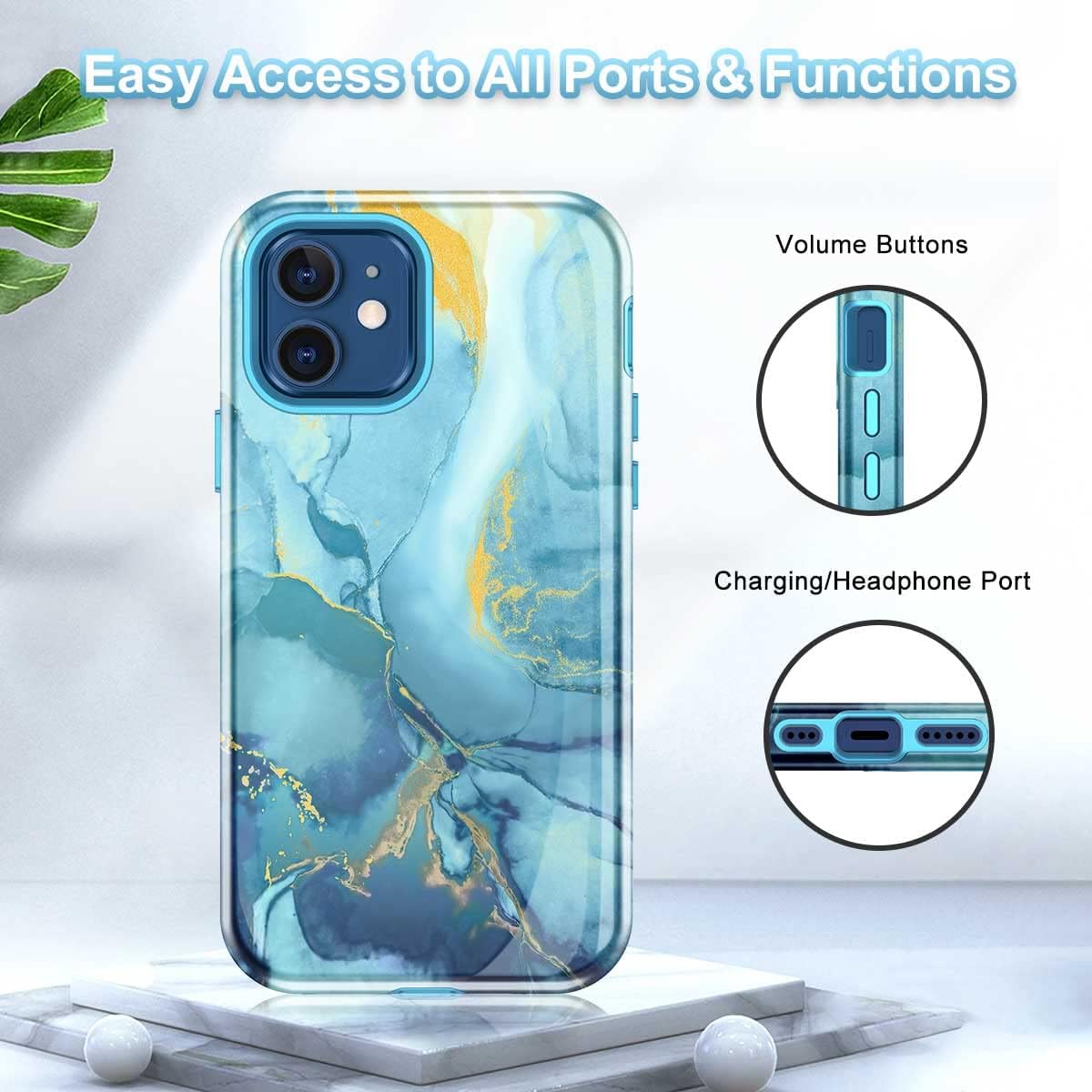 Btscase iPhone 12/12 Pro Case, Heavy Duty Three Layer Marble Shockproof Full Body Rugged Hard PC+Soft TPU Bumper Drop Protection Women Girls Cover, Blue - Image 8