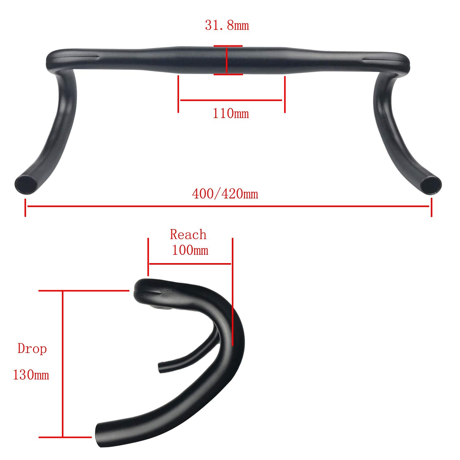 Drążek do roweru szosowego, ze stopu aluminium, wygięta kierownica roweru szosowego, średnica zacisku 31,8 mm (420 mm).