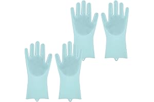 2 Pairs Reusable Scrubbing Silicone Dishwashing Gloves with Soft Bristles