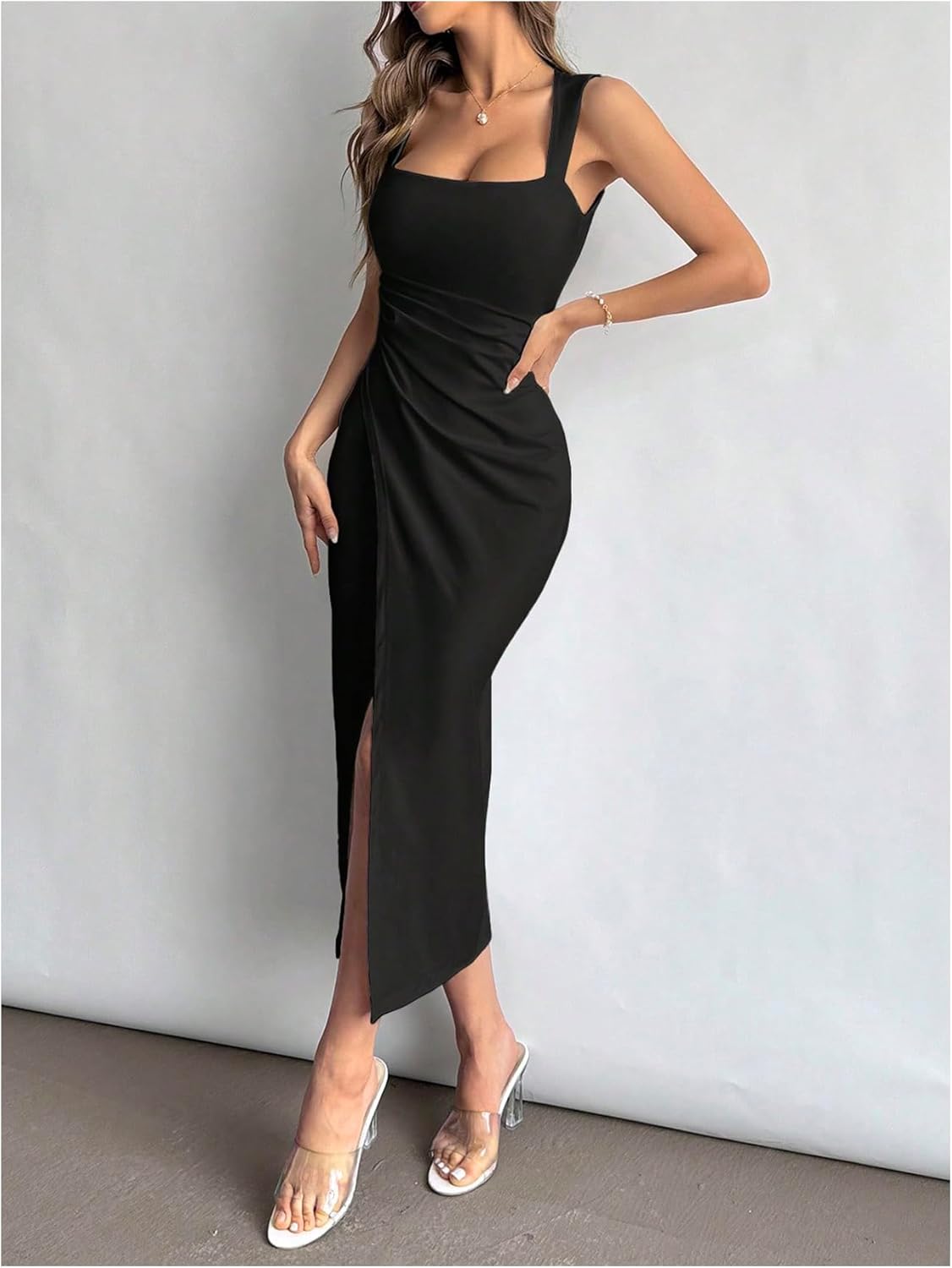SOLY HUX Women's Bodycon Midi Dress Casual Sleeveless Square Neck Ruched Wrap Split Long Dresses - Image 6