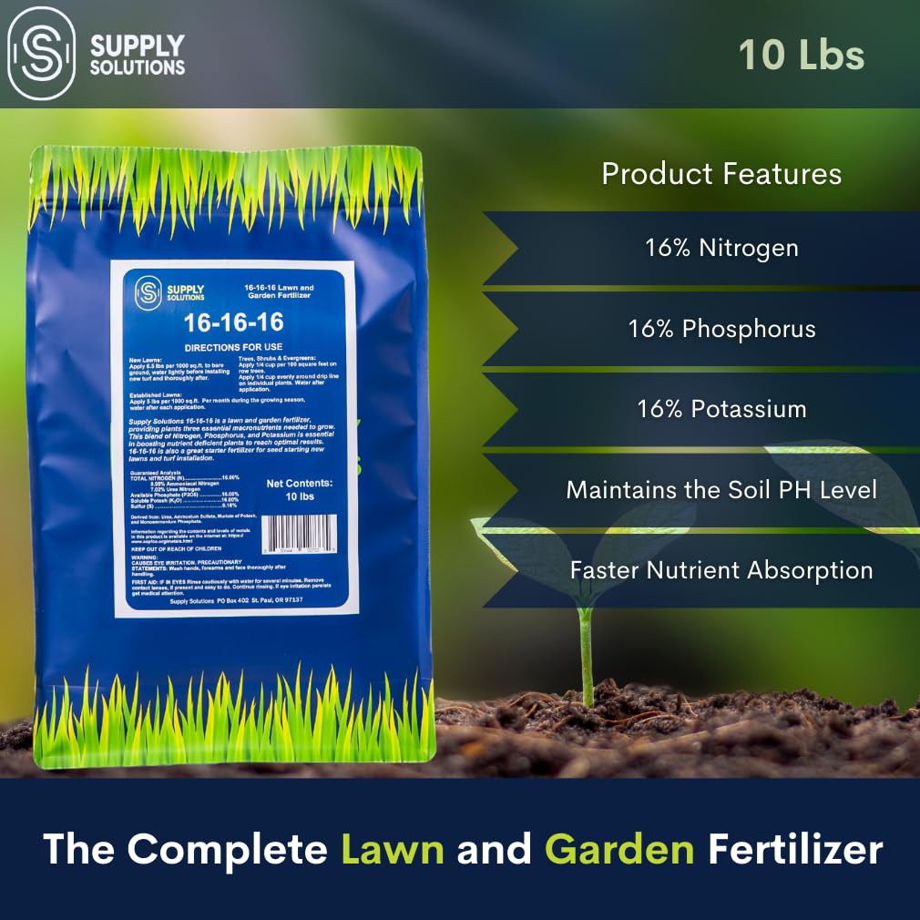 Supply Solutions 16-16-16 Complete Lawn & Garden All Purpose Granular Fertilizer - The Ultimate Plant Food for Lush Greenery & Vibrant Blooms - for All Plants, Vegetables, Fruits, and Berries - 10lbs