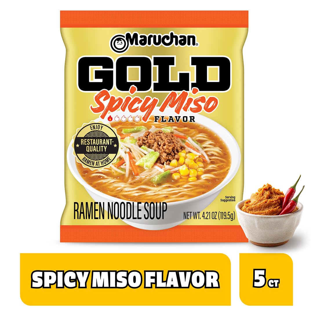 Maruchan Gold Ramen Noodle Soup, Spicy Miso Flavor – Restaurant Quality Japanese-Style Instant Noodles, Quick & Easy Meal – 4.21 Oz. (5 Pack)