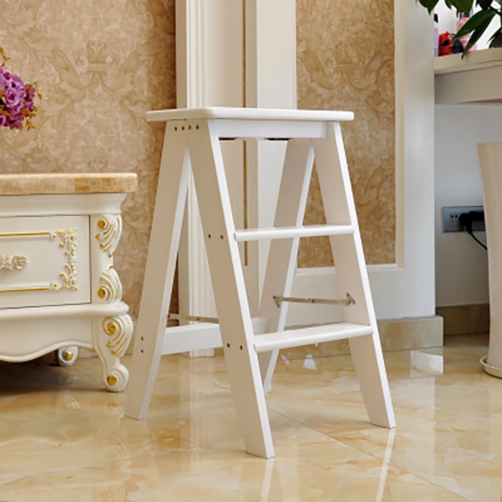 LUNEZY Folding Chair Stairs Multifunction Dual Use 3/5 Steps Solid Wood 3 Colors, 2 Sizes (Color : White, Size : 34 * 45 * 62CM)