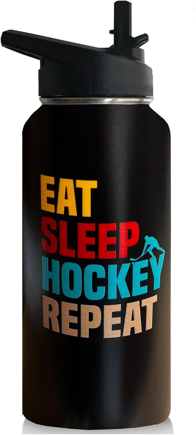 Hockey Water Bottle Stainless Steel Vacuum Travel Mugs Tumbler With Straw For Gym Camping Hiking 32oz