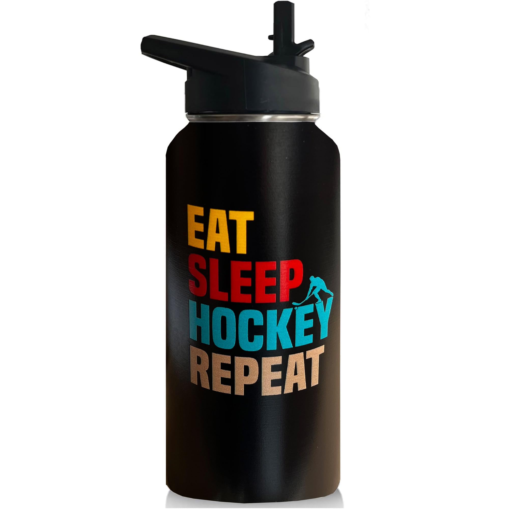 Hockey Water Bottle Stainless Steel Vacuum Travel Mugs Tumbler With Straw For Gym Camping Hiking 32oz