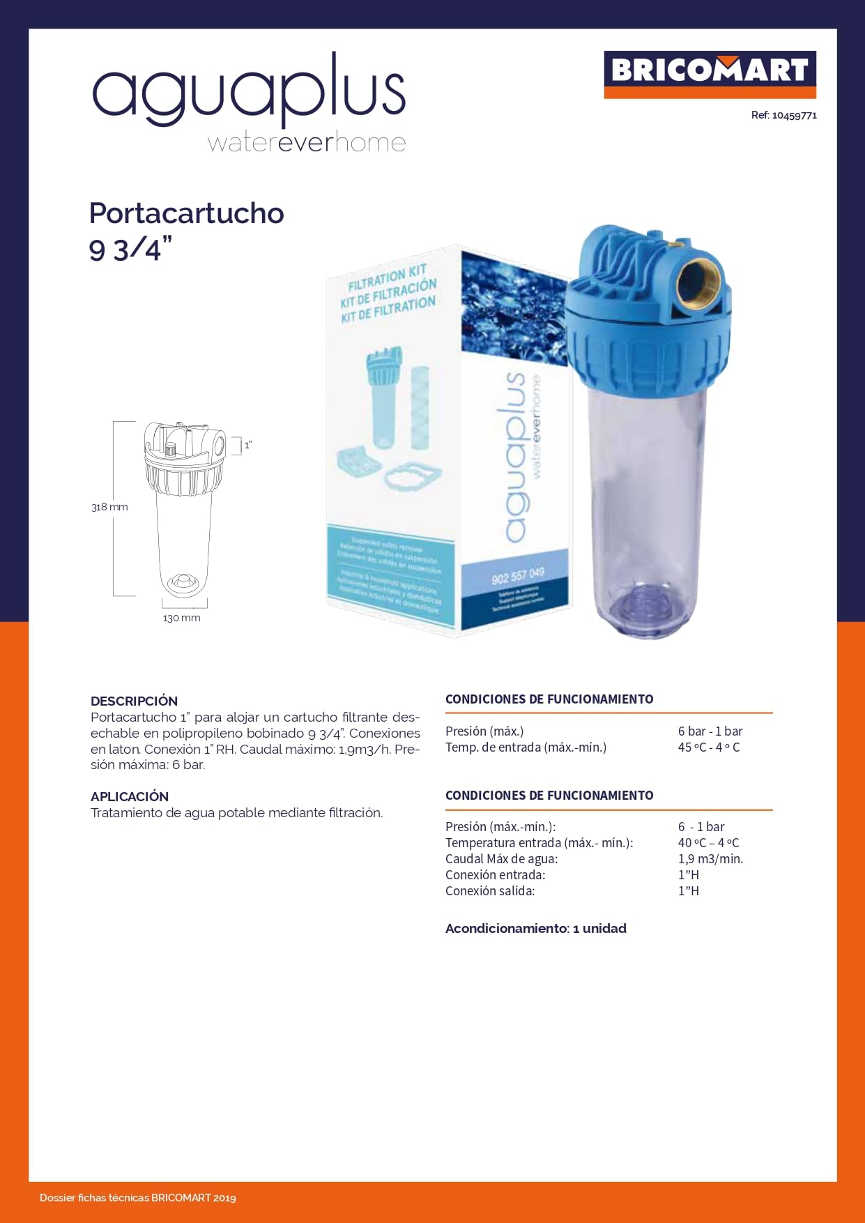 Suinga Vaso Contenedor para Filtros 10" | Portacartucho 1" Reforzado | Conexión Latón 6 Bar
