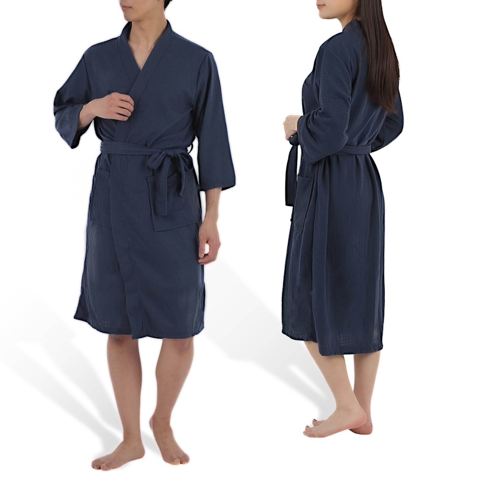 Lightweight Comfortable & Short Length Bathrobe, Thin, Waffle Type, Breathable, Quick Drying, Loungewear, Soft Material, Pajamas, After Bathing, With Pockets XL navy