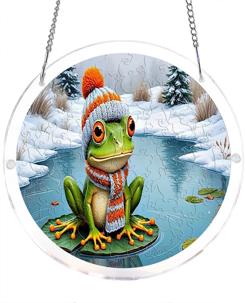 Frog Wearing Winter Hat and Scarf in Snowy Pond Acrylic Jigsaw Puzzles Suncatcher, 7.4 Inch Window Hanging Suncatcher Acrylic Puzzle, DIY Home Decor Art Gift