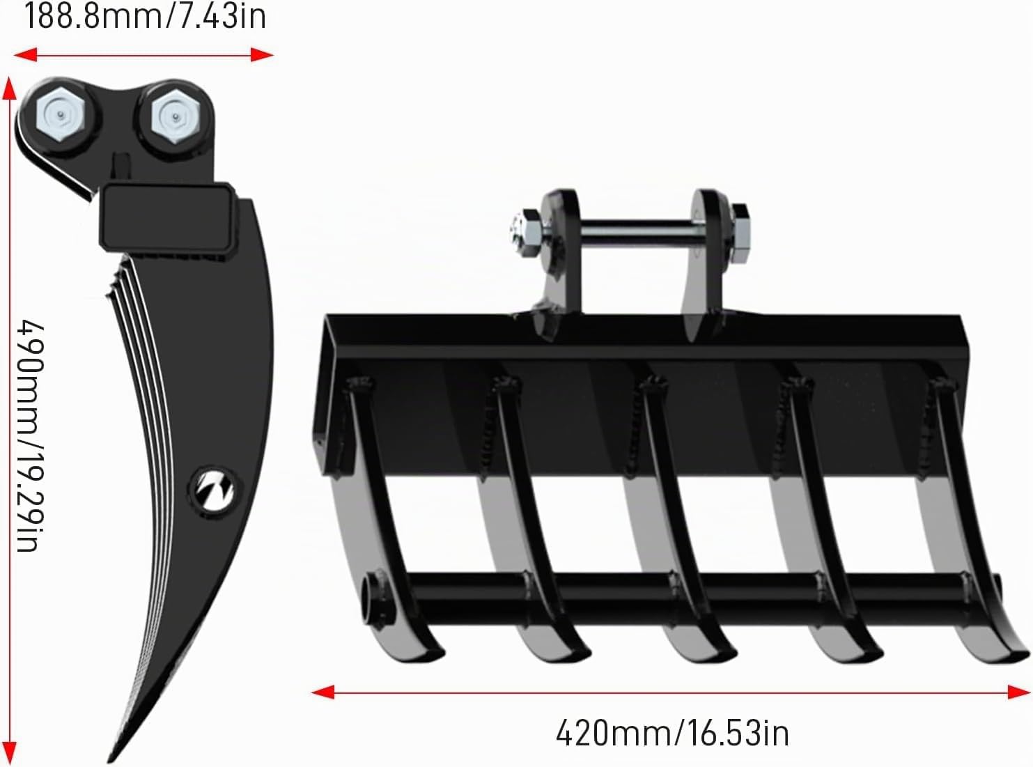 Breiter Minibagger Rechen – Passend für 800-1800 kg Minibagger, Minibagger Anbaugeräte & Zubehör mit 2 Bolzen (Bohrungsdurchmesser 25 mm, Spannweite 90 mm)