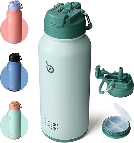 BOTTLE BOTTLE Botella de agua deportiva de acero inoxidable de 32oz con aislamiento, botella de agua con pajita con diseño de tapa de doble uso para