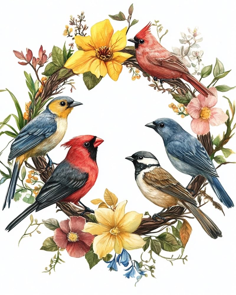 Henypt 11Ct DIY Stamped Cross Stitch Kit Embroidery Kit Birds in A Wreath Counted Cross Stitch Kits Oil Painting Counted Cross Stitch Kits for Adults Beginners, Stamped Printed Patterns Cross Stitc