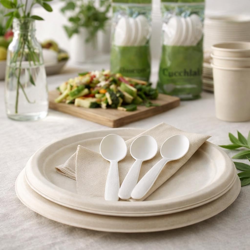 Cucchiai biodegradabili e compostabili Posate in Fibra di Zucchero Bianche 120 Pezzi 10 Confezioni Eco Friendly