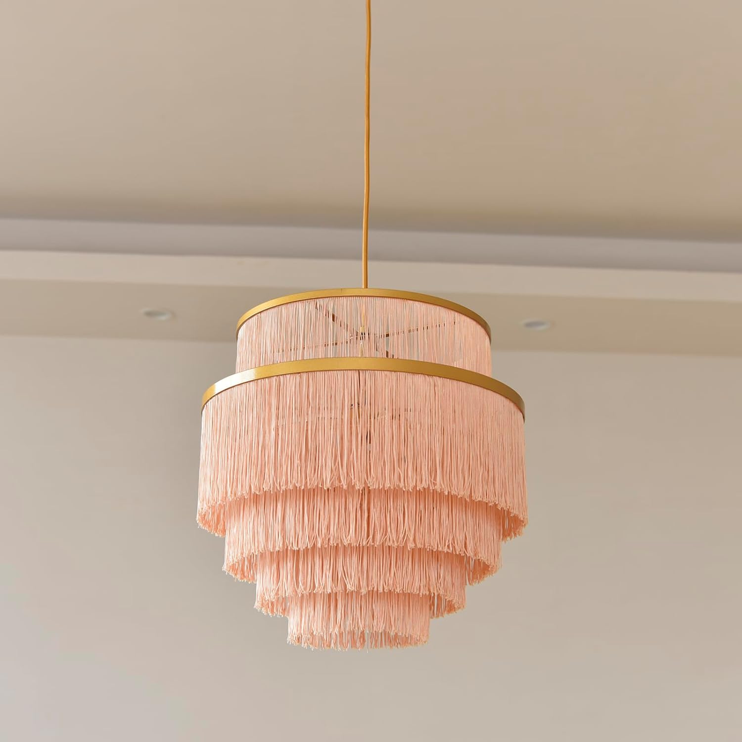 5-Tiered Boho Chandelier Gold,3 Lights Pink Fringe Pendant Light Fixture,Tassel Chandelier for entryway,Dining Room,Baby Nursery,Bedroom