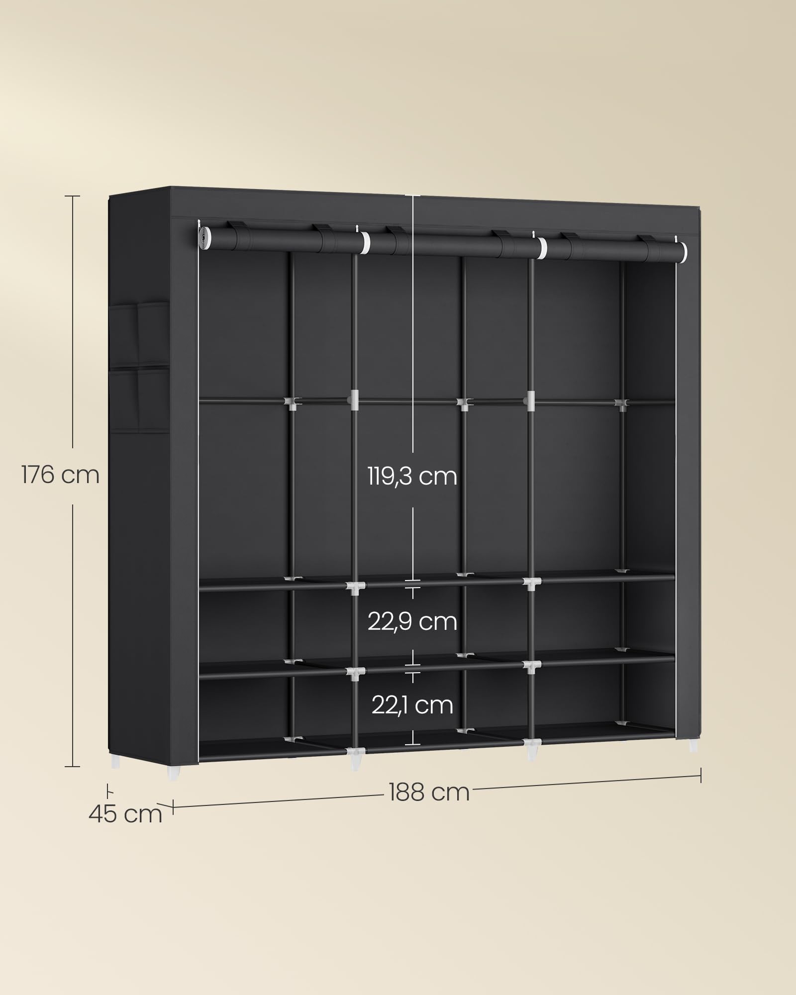 SONGMICS Stoffschrank, Kleiderschrank, 45 x 188 x 176 cm, 3 Hängefächer, mit Ablagen, 4 Seitentaschen, viel Platz, für Schlafzimmer, Wohnzimmer, schwarz RYG009B01