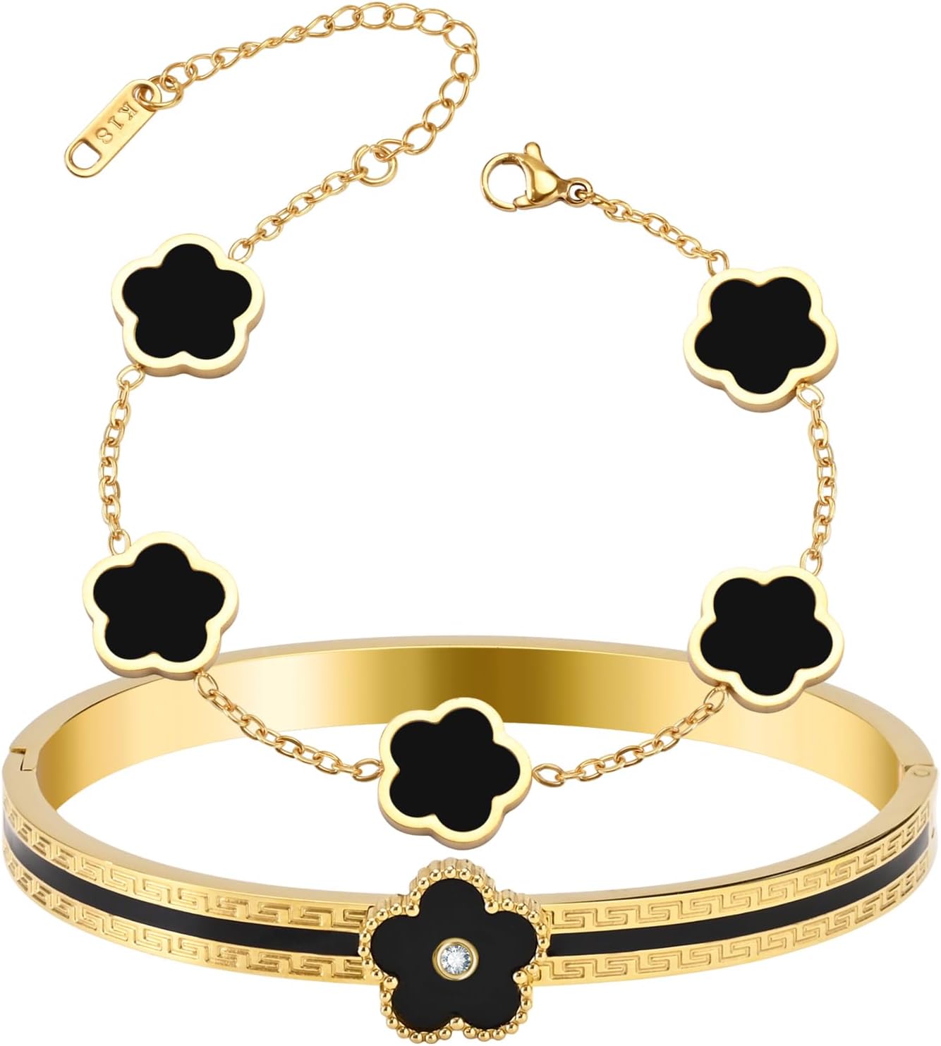 2pcs Stackable Bangle Bracelets 18K Gold Plated Lucky Clover Bracelet Stainless Steel Clover Jewelry Set Fashion Birthday Gifts for Women