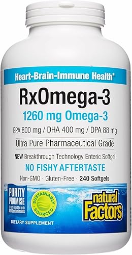 RxOmega-3 por factores naturales apoyo natural para la salud cardiovascular con DHA y EPA suplemento dietético diario 240 cápsulas blandas