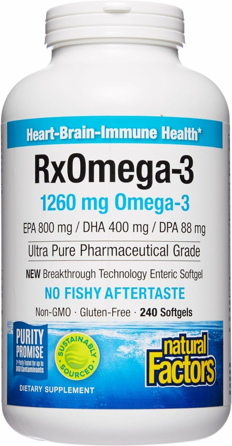 Natural FactorsRxOmega-3 Fish Oil, Pharmaceutical Grade, 1260 mg Omega-3 Per Serving, No Fishy Aftertaste, 240 Count (Pack of 1)