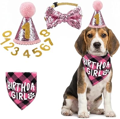 Dog Birthday Party Supplies, Pink Plaid Girl Dog Birthday Bandana,Pet Party Hat with Numbers Bow,for Medium Large Dogs Light Pink L