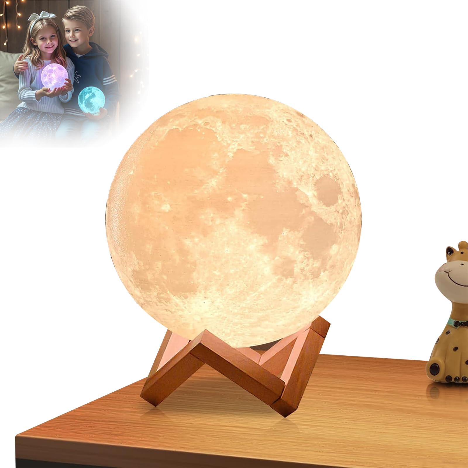 Lámpara de luna, luz nocturna de impresión 3D con temporizador, soporte de madera y control táctil remoto, ideal para niños y decoración del hogar, 12 cm