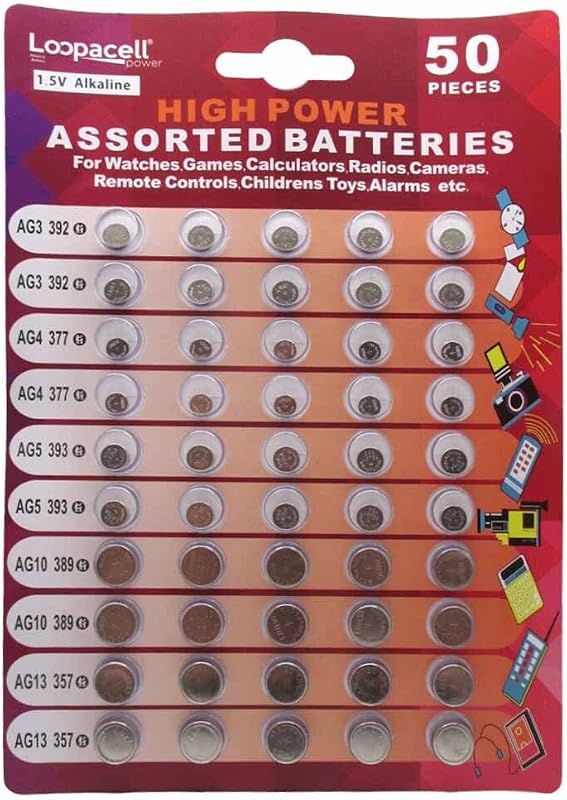 Loopacell High Power Super Alkaline Button Cell Assorted 1.5V Battery AG3/LR41 AG4/LR626 AG5/LR754 AG10/LR1130 AG13/LR44,50 Count (Pack of 1)