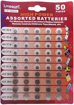Loopacell High Power Super Alkaline Button Cell Assorted 1.5V Battery AG3/LR41 AG4/LR626 AG5/LR754 AG10/LR1130 AG13/LR44,50 Count Pack of 1