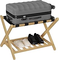 Vista 12 de Smuxee Portaequipajes Blanco Completamente Ensamblado, Soporte Plegable de Equipaje de Bambú Mejorado con 5 Correas de Nylon, Portaequipajes