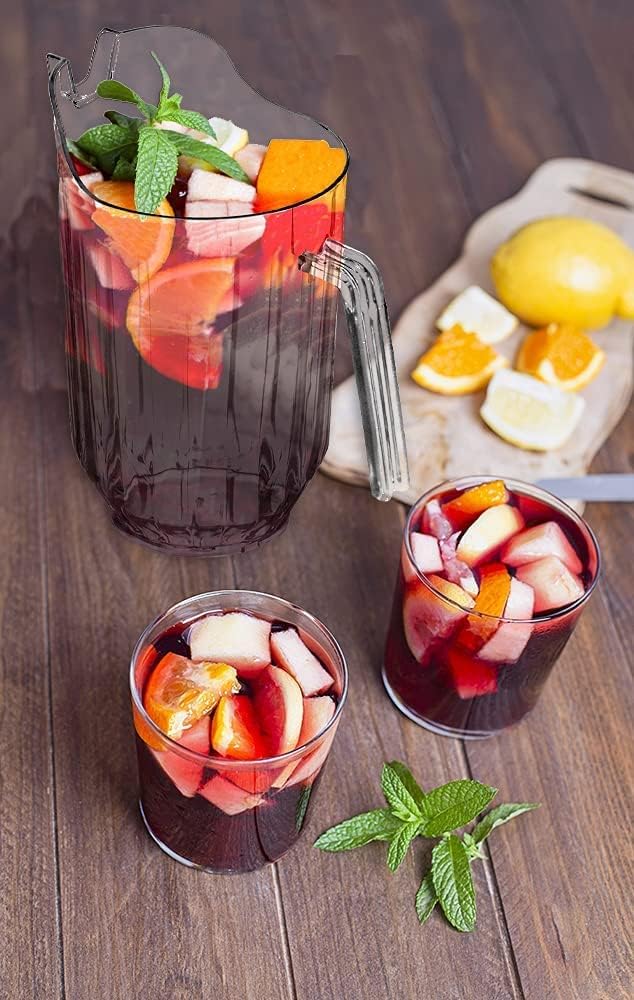 DecorRack 6 Crystal Clear Plastic Pitcher Beverage Dispenser with Pour Spout Shatterproof Catering and Restaurant Serveware for Cold Drinks, Water, Lemonade, Beer, and Sangria, 56 Ounce (6 Pack)