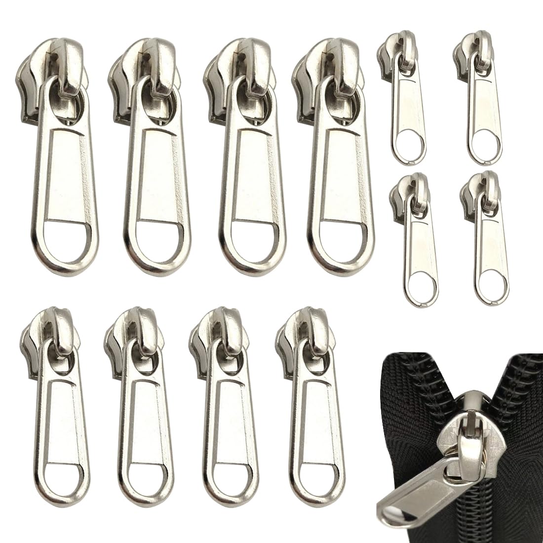SHSMPXOY 12 Pcs Ripara Cerniere Lampo Zip #3/5/8 Rimovibile Cursore Cerniera Ricambio Cerniera Universale Tira Zip Sostituzione Riparazione Zips Tirante per Cernieras Borsa Vestiti Jeans Valigia-B
