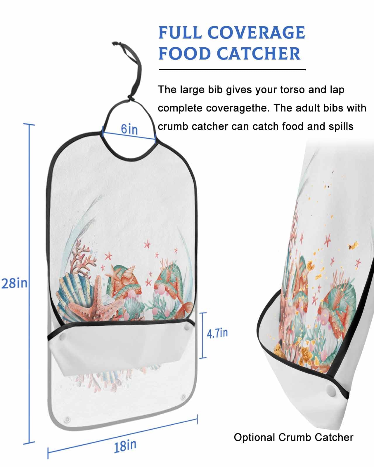 LEOKOTI Summer Coastal Adult Bibs for Eating, Waterproof Bibs with Food Catcher & Adjustable Snap Closure, Seaside Beach Nautical Starfish Gnomes Washable Clothing Protectors Adult Bibs for Elderly